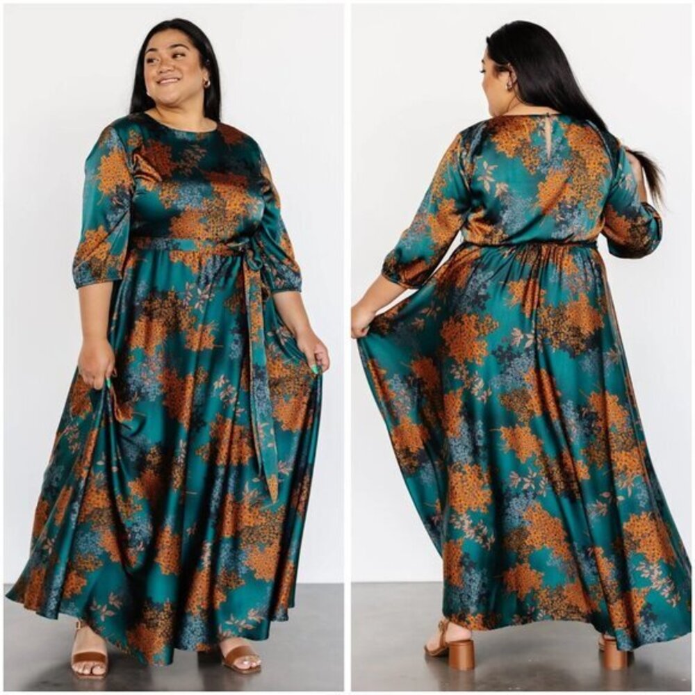 Baltic Born Paula Satin Maxi Dress in Jade Multi Floral Teal Size L NWOT